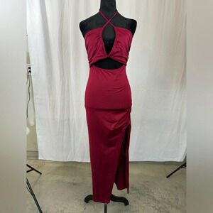 NWT Women's Red/Burgungy Ruched Drawstring Halter Neck Cutout Midi Dress L